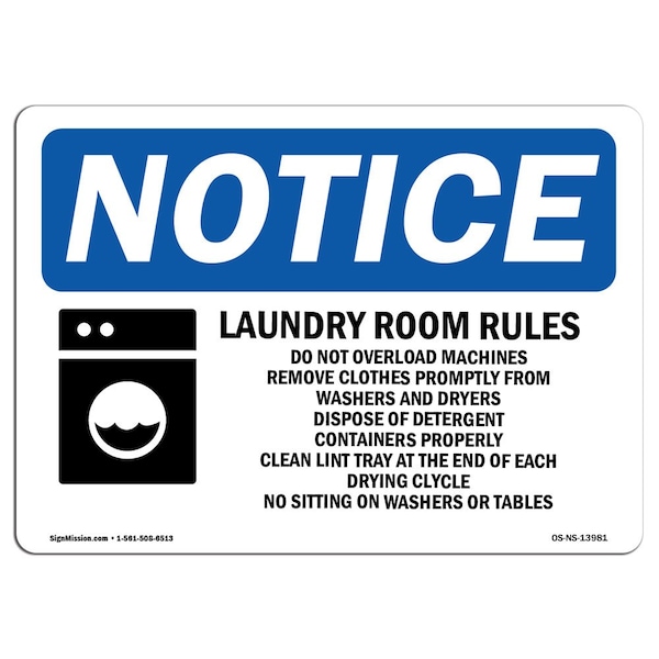 Safety Sign, OSHA Notice, 18" Height, Laundry Room Rules Do Not Overload Sign With Symbol, Landscape